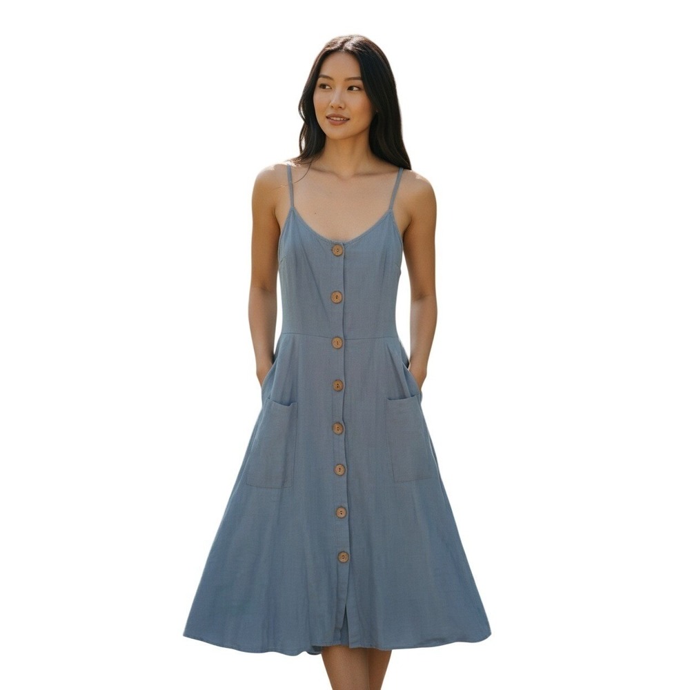 Style Rack 100% Cotton Midi Dress M Blue Button Front Spaghetti Strap Sundress
